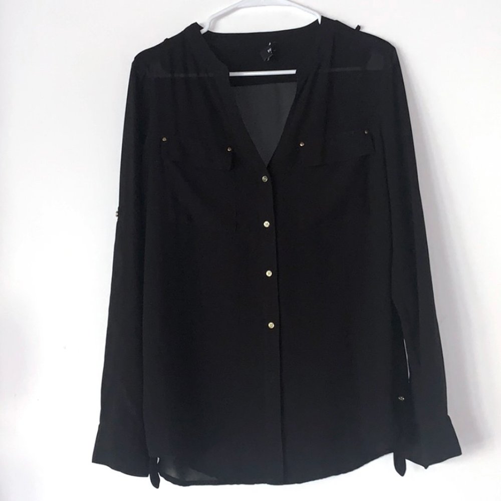 Premise Studio Sheer Black Blouse w/gold buttons